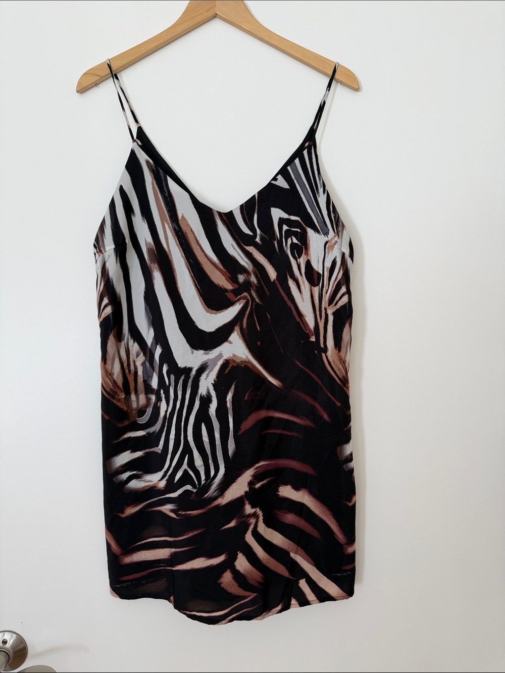 june & hudson Black, White & Brown Zebra Animal-Print Slip Mini Dress Medium